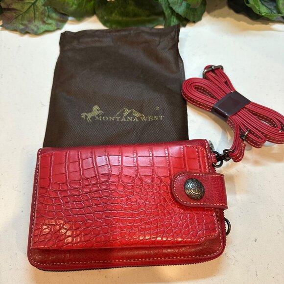 Montana West Red Leather Alligator Pattern Crossbody Wallet With Strap - Picture 1 of 11